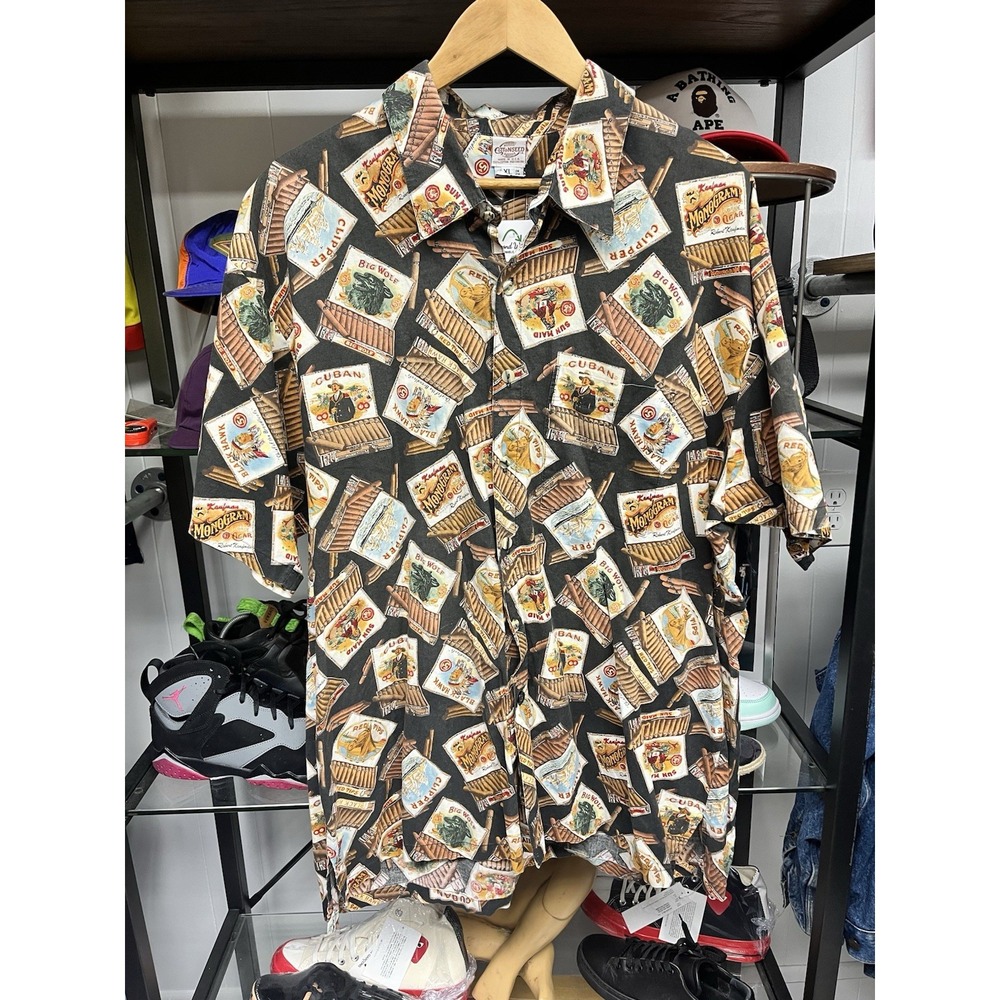 Vintage 90s Cuban Cigars All Over Print Cottonseed Polo Shirt Size XL